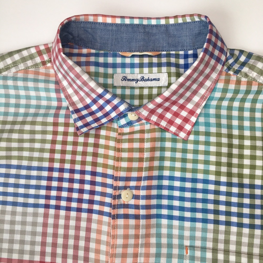 Tommy Bahama Mens Large Casual‎ Button-Up Shirt Multi Color Check Short Sleeve